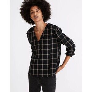 NWT MADEWELL Lightspun Evert Top Women XS Black Windowpane Regular Fit Gauze